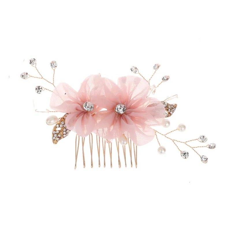High Fashion Pink Yarn Flower Crystal Simulated Pearls Hair Combs Hairpins Clips Bride Noiva Bridal Wedding Party Jewelry Sets | Украшения