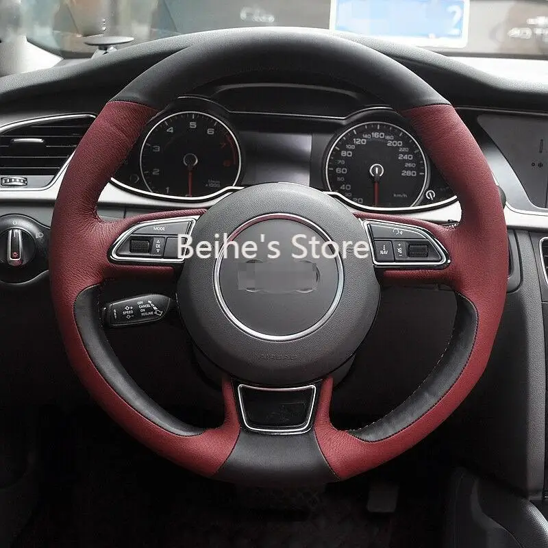 

Wine Red Leather Black Leather Car Steering Wheel Cover for Audi A1 A3 A5 A7