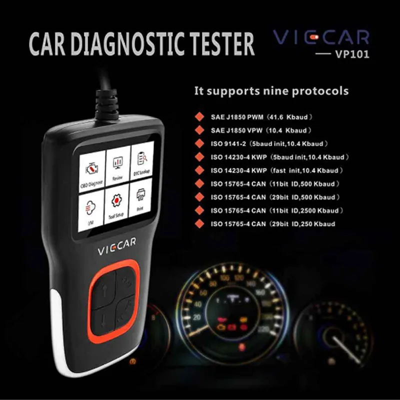 Viecar VP101 многоязычный OBD 2 OBD2 считыватель кодов автомобиля полное соглашение OBDII/EOBD
