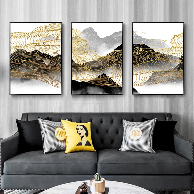 Черно Золотой пейзаж на холсте настенные картины искусство для тумана горы