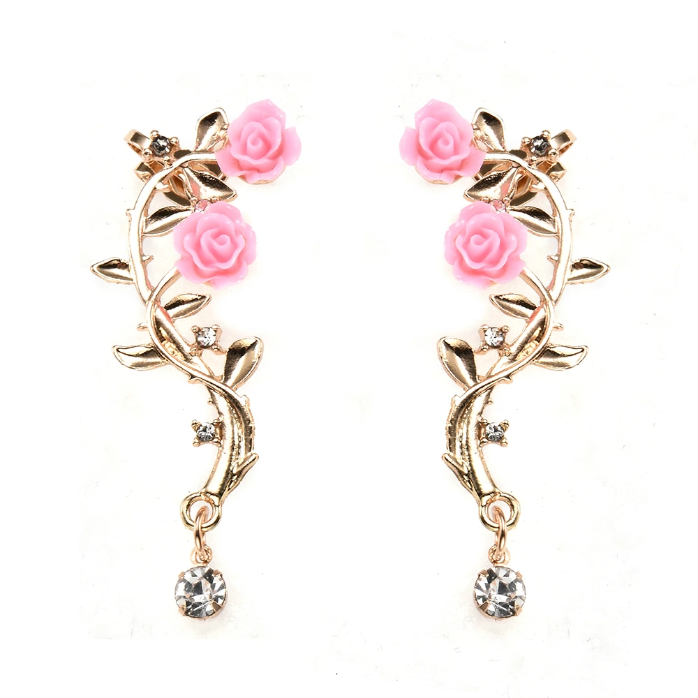 

New Fashion Lady Gold Pink Rose Leaf Flower Ear Stud Cuff Earring Women Jewelry Pendientes Princesas Boucle D'oreille Cristal