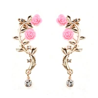 new fashion lady gold pink rose leaf flower ear stud cuff earring women jewelry pendientes princesas boucle doreille cristal