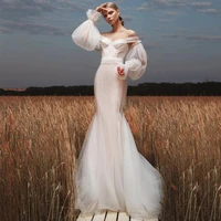 eightree 2021 mermaid wedding dresses elegant puff sleeve bride dress off shoulder tulle sweep train wedding gowns custom size