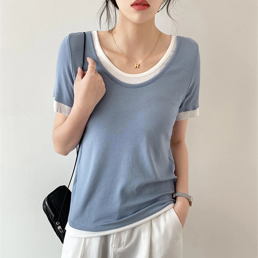 

Korean Fashion Elegant T Shirt Women Short Sleeve Patchwork Cotton T-Shirt Female Summer High Street Tee Shirt Femme