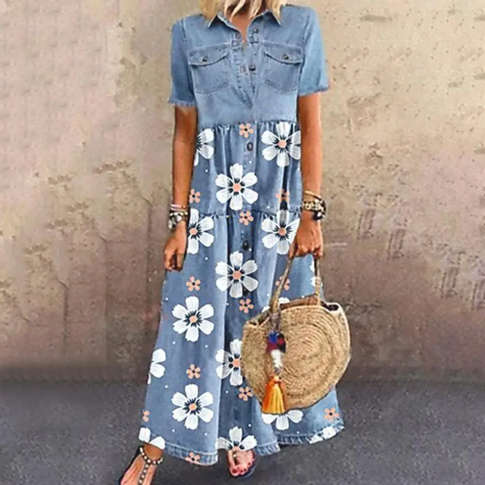 

Distressed Women Dress Single-breasted Patchwork Short Sleeve Pockets Floral Print Maxi Dress for Party Dress Woman Summer 2021