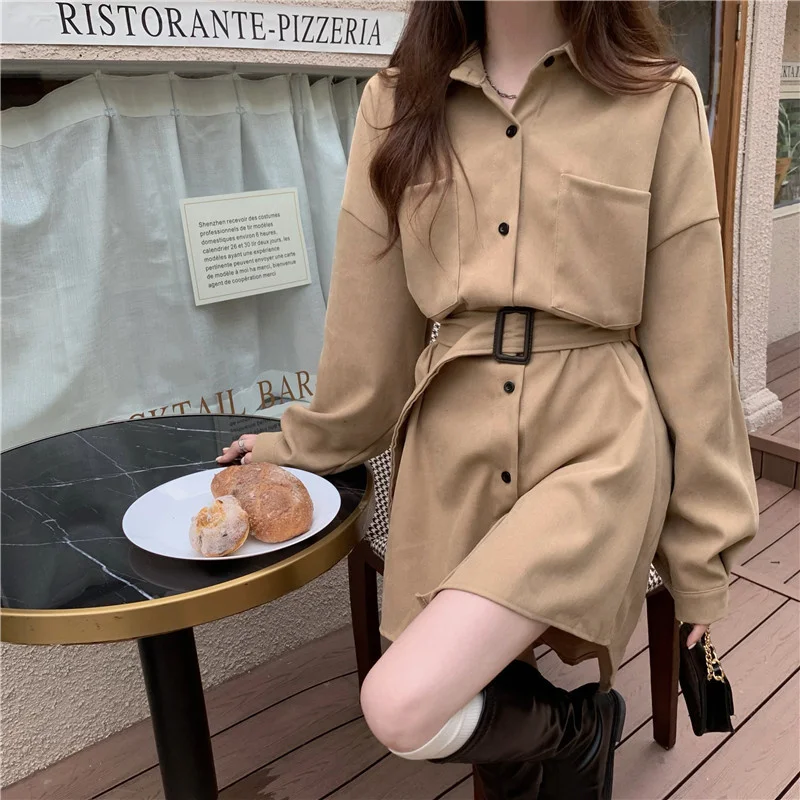 

Autumn and Winter Dress 2021 New Women's Dress French Temperament Black Short Skirt with Thin Waist Long Sleeve Shirt Skirt