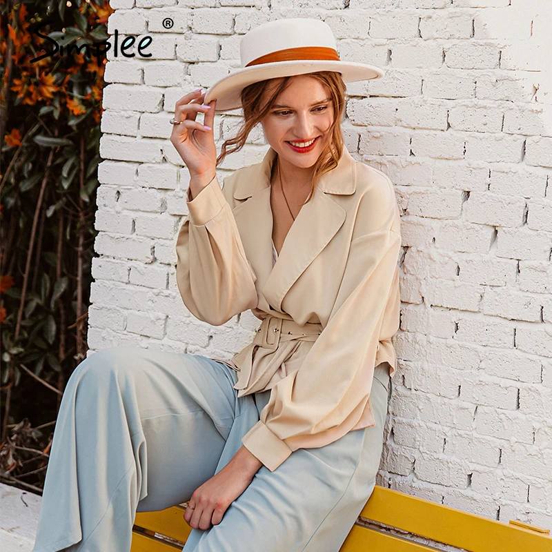 

Lantern sleeve short jackets coats women Notched v neck autumn thin jacket female High waist belt pocket overcoat 2020