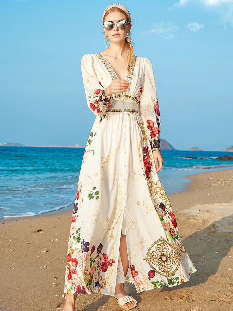 

2021 Autumn Beach Style New Fashion V-neck Long-sleeved Diamond Printed Party Evening Long Dress for Women