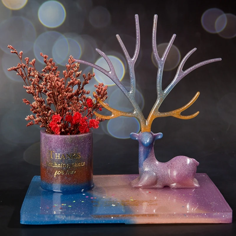 

Crystal Epoxy Resin Molds Deer Makeup Jewelry Display Tray Silicone Mould 9-Slot Lipstick Organizer Pen Holder Mold