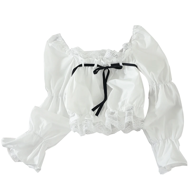 

GLAUKE 2020 Summer white short lace blouses shirt women long sleeve ruffle short blouse tops female women retro puff sleeve elas