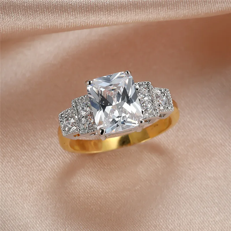 

Trendy Female White Crystal Stone Jewelry Dainty Gold Color Wedding Rings For Women Charm Square Engagement Valentines Day Gift