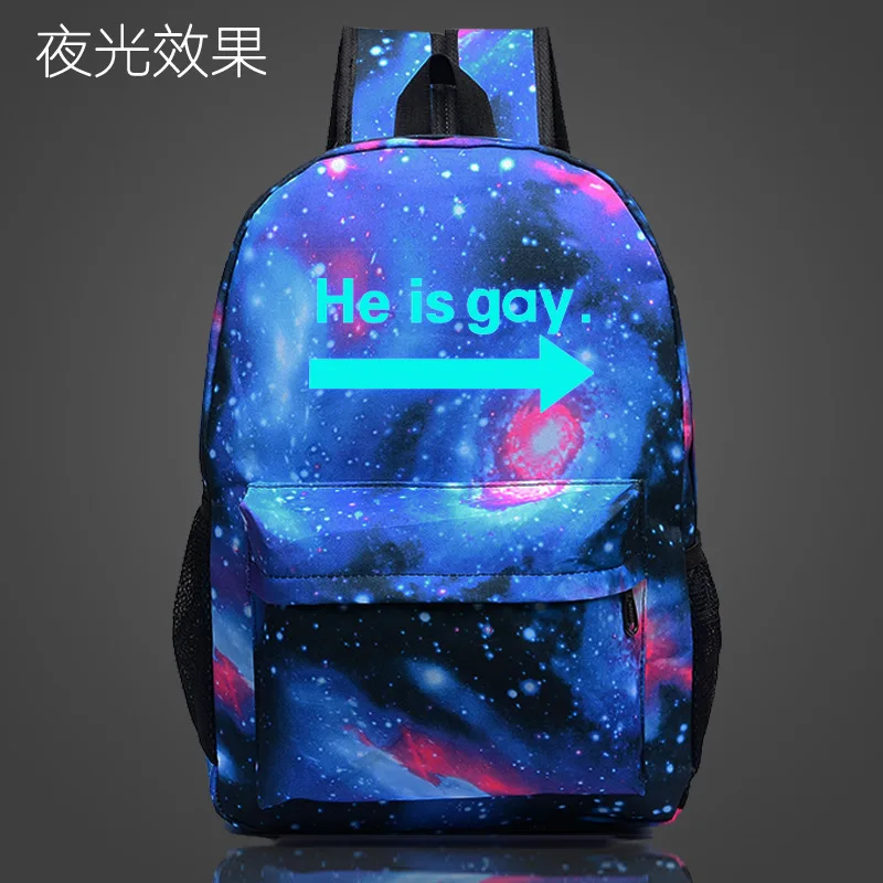 Модный практичный рюкзак с надписью HE IS GAY для задней школы светящаяся школьная