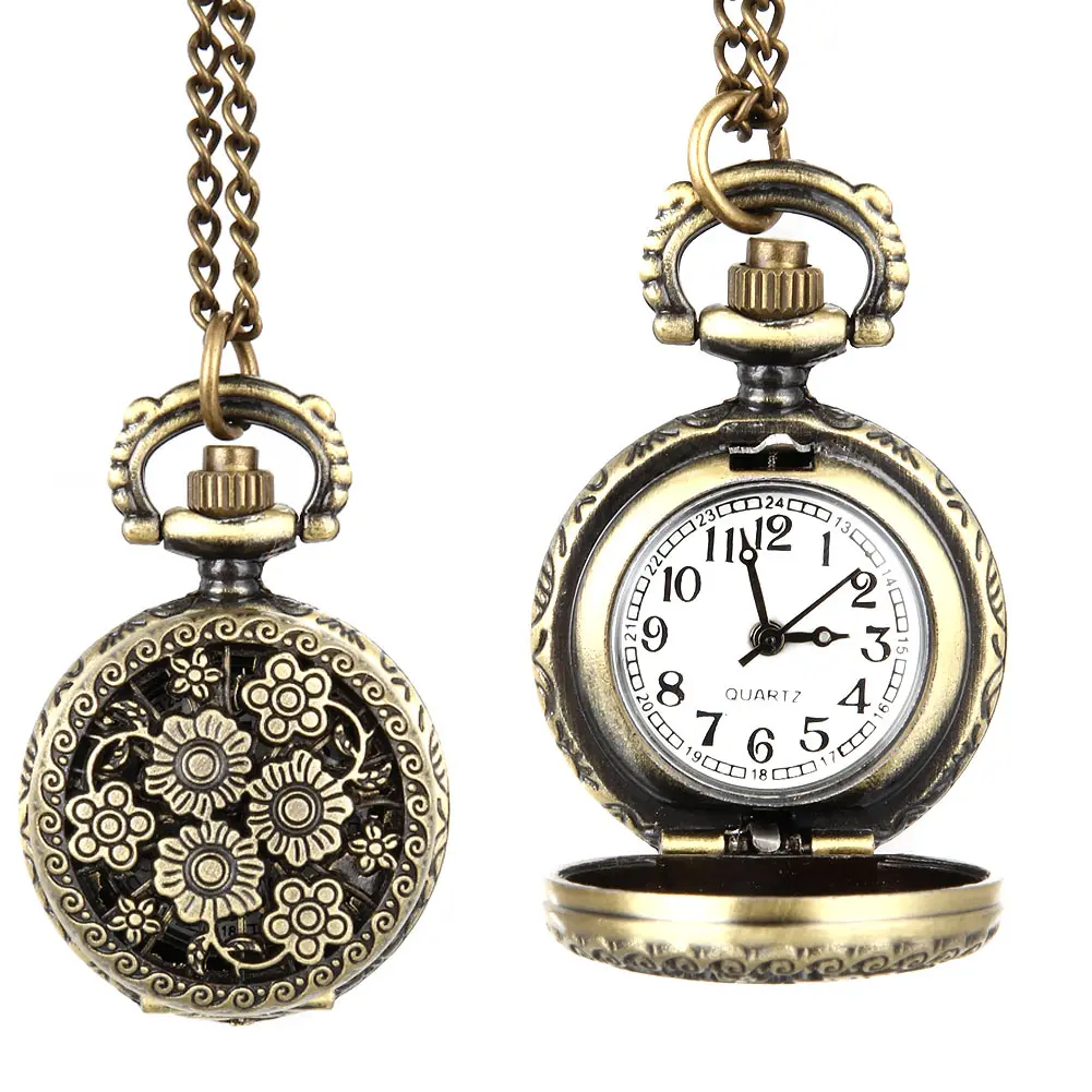 

Fashion Women Vintage Quartz Pocket Watch Alloy Hollow Out Flowers Necklace Pendant Lady Girl Sweater Chain Clock Gifts TC21