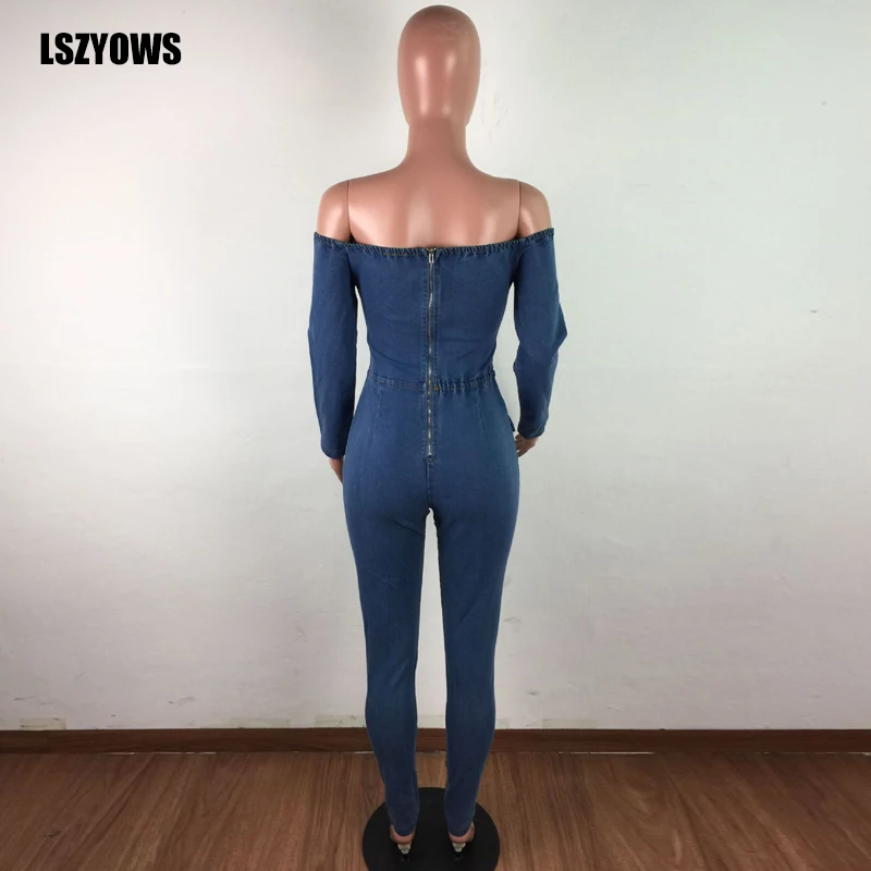 

Sexy Denim Rompers Womens Jumpsuit 2021 Off Shoulder Front Lace Up Hollow Out Jeans Jumpsuits Long Sleeve Bodycon Party Overalls