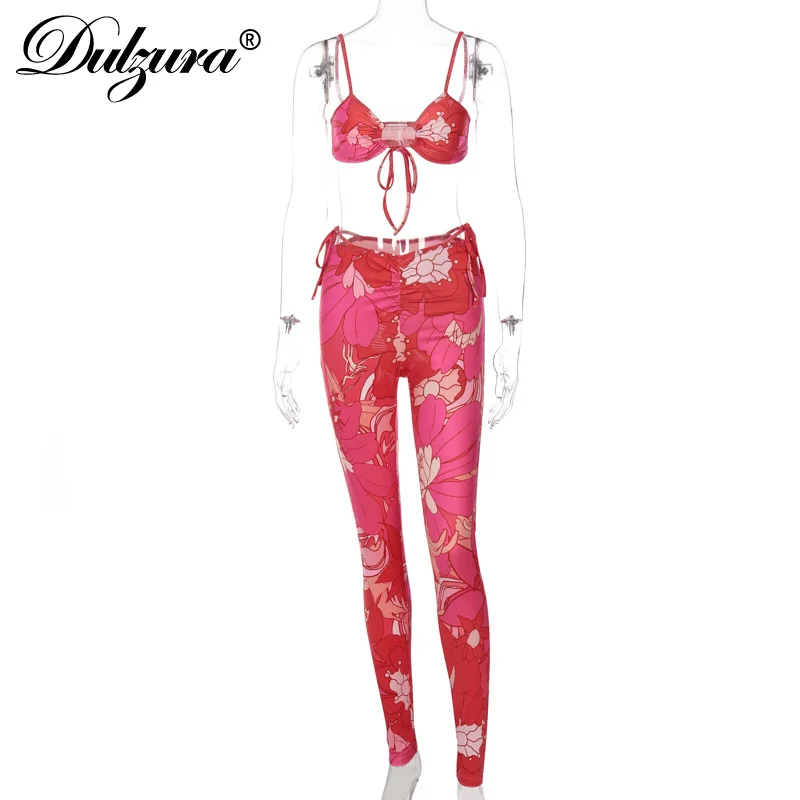 

Dulzura Sling Crop Sleeveless Crop Tank Top Bandage Tie Floral Print Women Stretchy Midi Waist Pants 2 Two Pieces Sets