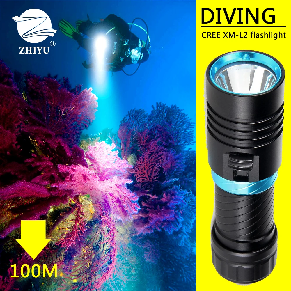 

ZHIYU 100M Diving Flashlight Torch Led Xm L2 Rechargeable 18650 26650 Underwater Lamp Flash Light Hunting Waterproof Lantern