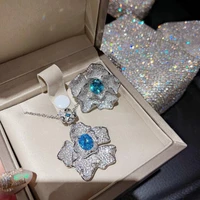 s925 sterling silver luxury wedding jewelry sets blue crystal flower topaz earrings for women rings zircon fashion fine jewelry