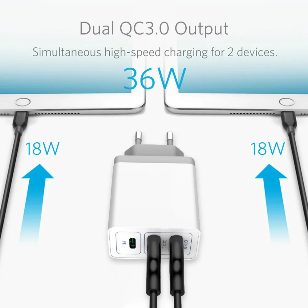 Адаптер питания QC3.0/FCP/AFC с 2 портами 1 порт быстрая зарядка PD 36 Вт 18 USB C для