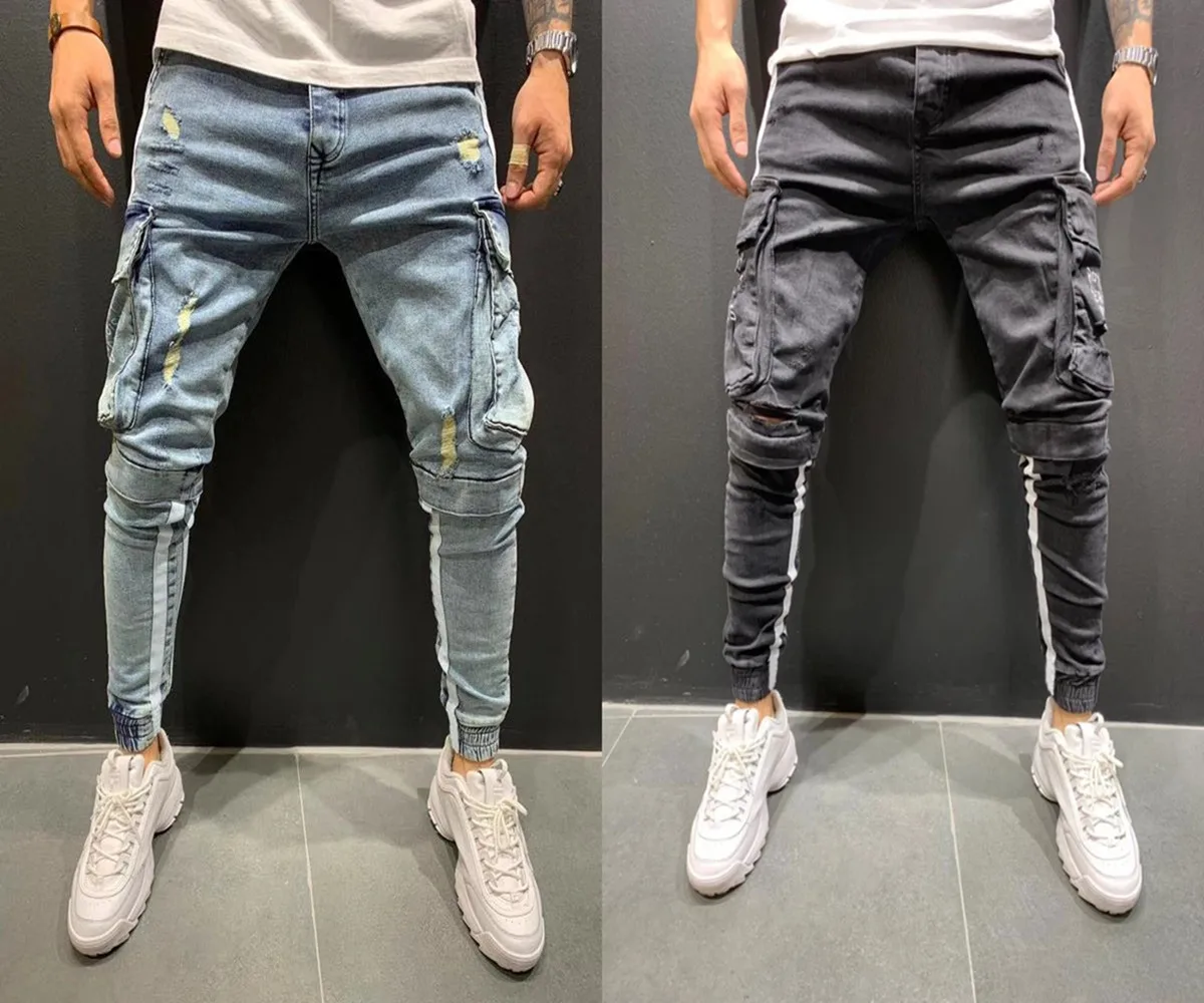 

Men's Skinny Jeans Side Stripe Pencil Pants Hip-Hop Biker Denim Multi-Pockets Sports Pants Male Jogging Cargo Pants S-3L Siz