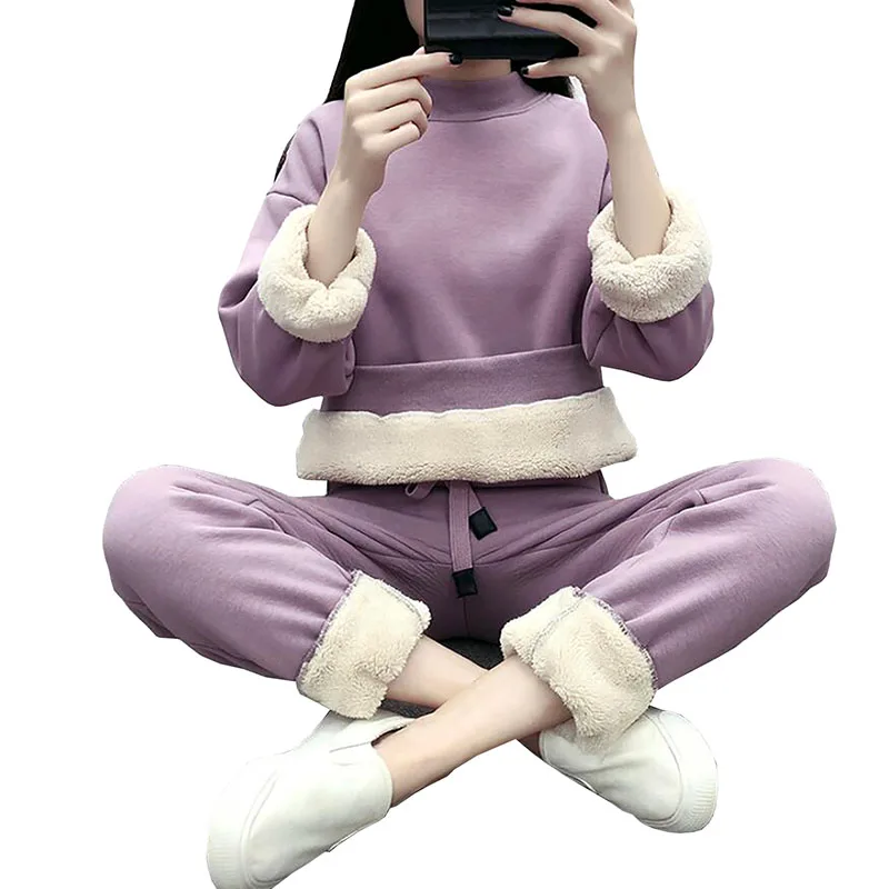 

2020 New Winter Casual Tracksuits Two Piece Set Women Plus Velvet Lambskin Cashmere Sport Pants Suits Thick Warm Clothes