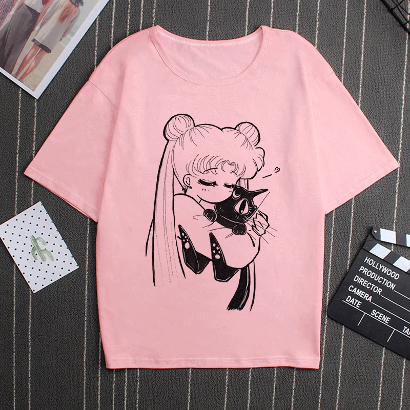 2854 Sailor Moon 90s Funny Pink T Shirt Harajuku Clothes Tshirt Aesthetic Cat Anime Vogue T-shirt Kawaii Graphic Tees Ullzang Women - Цвет: 2854
