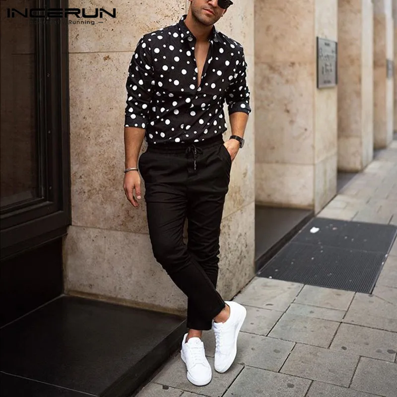 Мужская Облегающая рубашка в горошек деловая с длинным рукавом и лацканами для