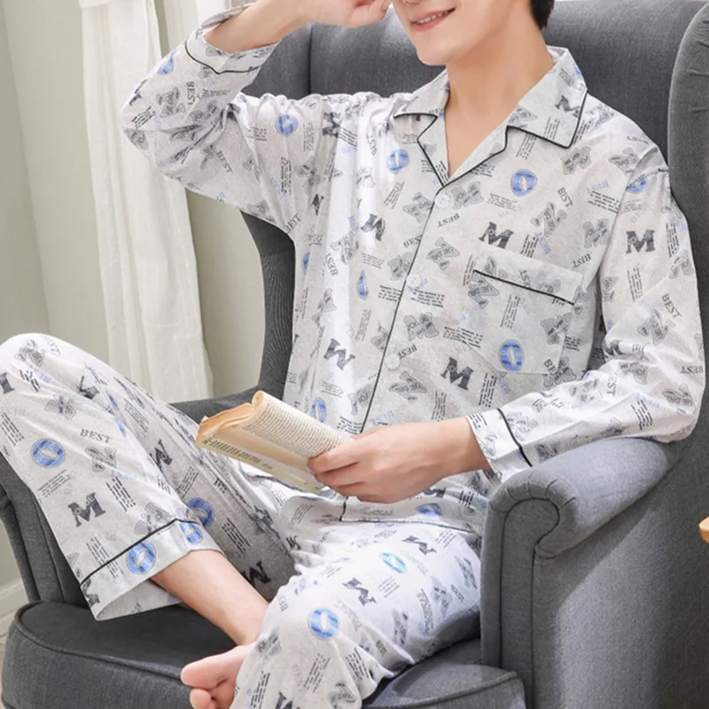 Мужской пижамный комплект хлопок весна длинный рукав принт пижамные костюмы
