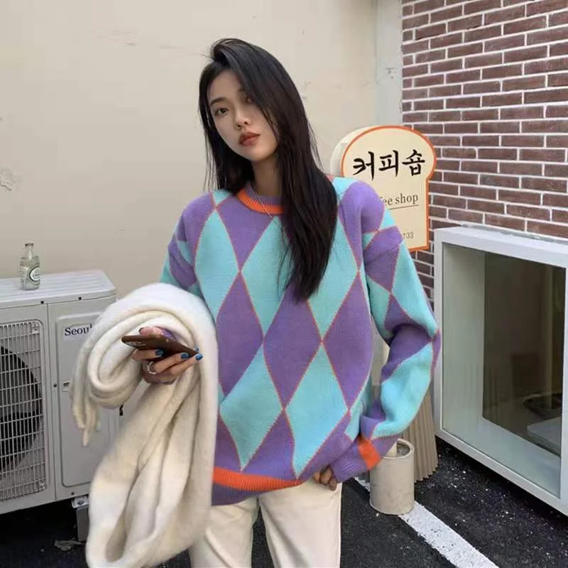 

Pullover Women's Sweater Autumn Knitted Sweater Loose Plaid Oversized Woman Sweaters Winter Women Clothes