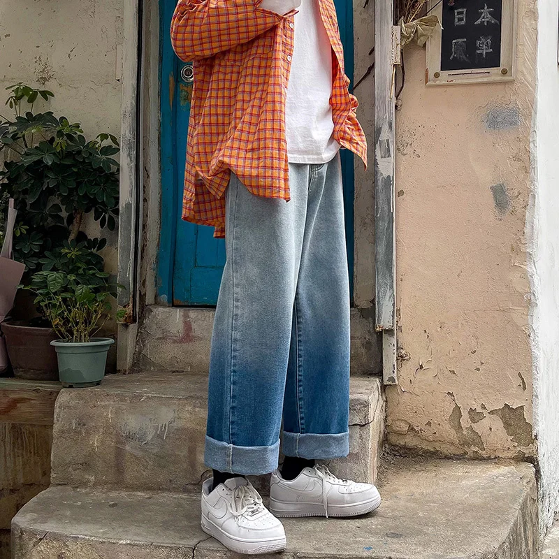 Cotton Gradient Jeans Men's Fashion Retro Casual Wide-leg Jeans Men Streetwear Loose Hip-hop Straight Denim Trousers Mens M-3XL