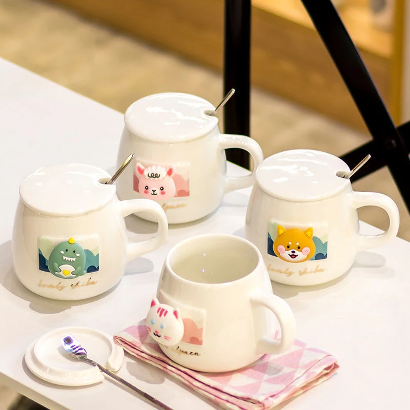 

Ceramic Mug Couples 3D Creative Cartoon Forest Animals With Spoon Lid Breakfast Milk Oatmeal Coffee Cup Christmas Present