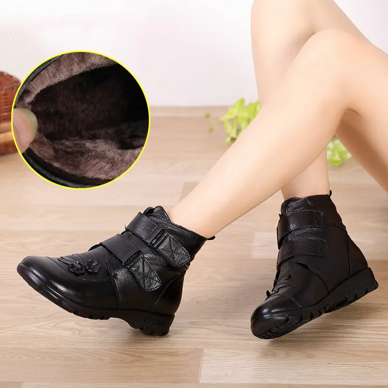 

New Fashion Style Black Ankle Boots Flats Round Toe Black split leather Boots Woman Shoes With Warm Plush big size 35-43 O4-81