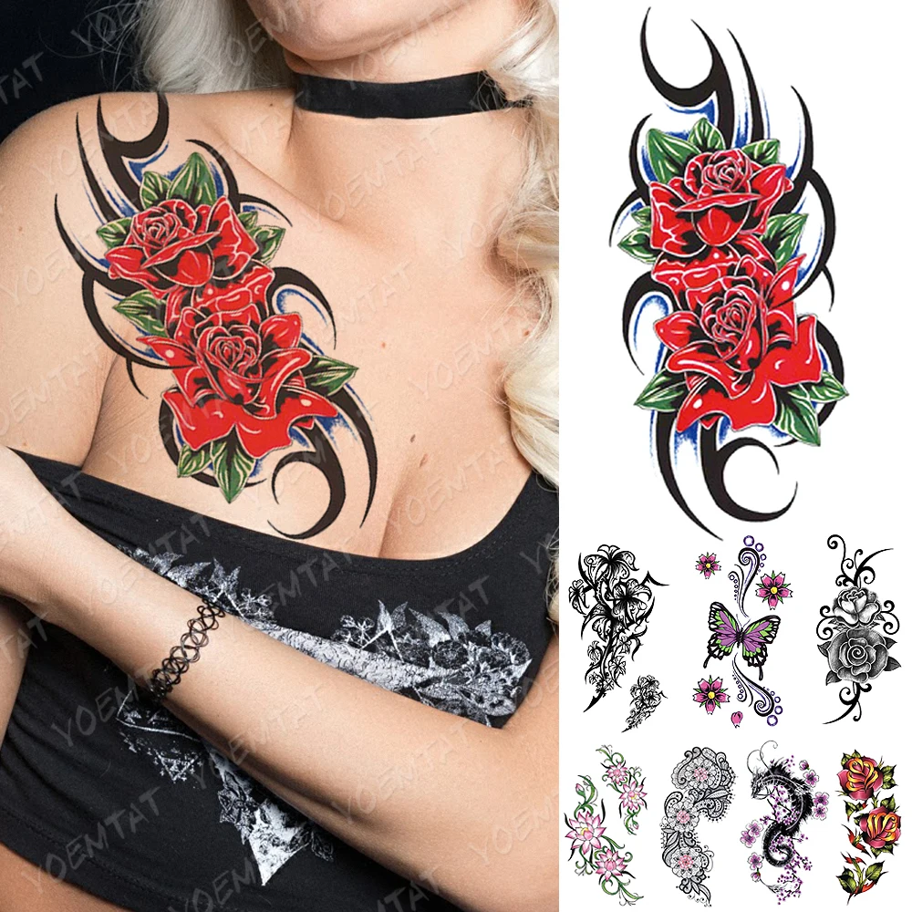 

Waterproof Temporary Tattoo Sticker Totem Rose Flowers Flash Tattoos Butterfly Dragon Lotus Body Art Arm Fake Sleeve Tatoo Women