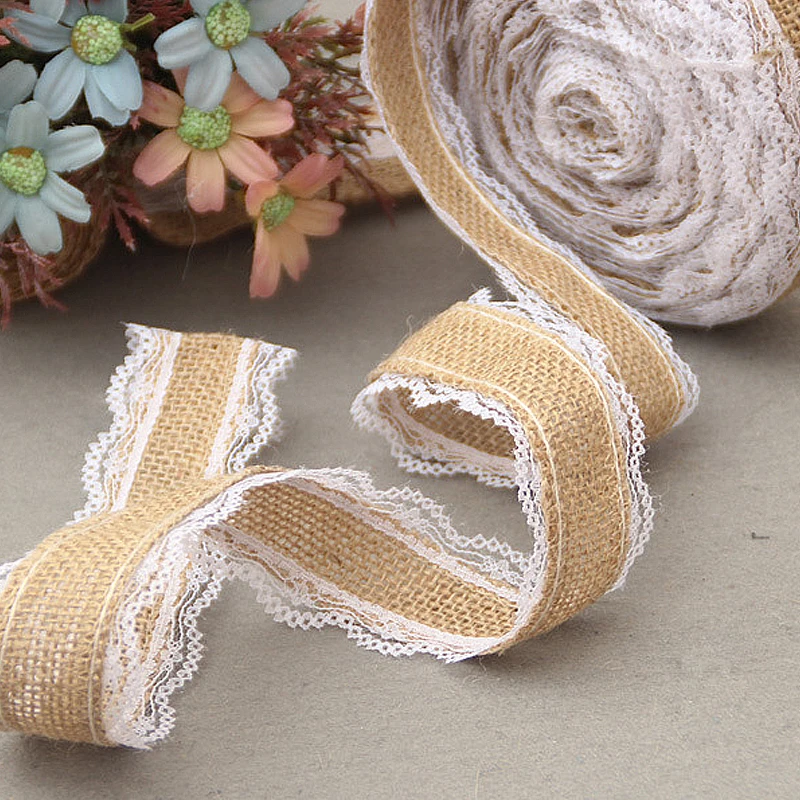 2 м/рулон натуральная джутовая лента с разными белыми кружевами | Дом и сад