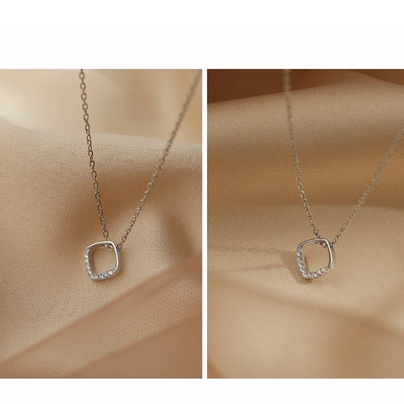 

Geometric square Rhinestone Pendant Necklaces 925 Sterling Silver Circle Zircon Choker Necklace Women Jewelry Gift