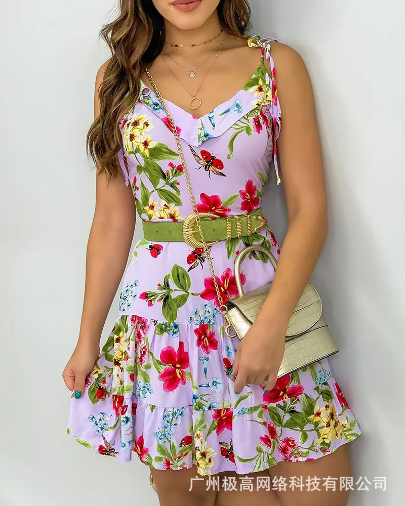 

Women's Suspender Dress Fashion Elegant Dress White Flower Print Suspender Dress Spaghetti Strap Casual Dress Women's Wear