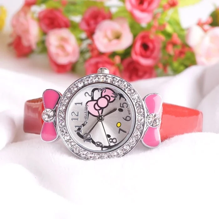Часы hello kitty KT hello kitty с кожаным ремешком, наручные часы, детские настольные модные часы - Цвет: Красный