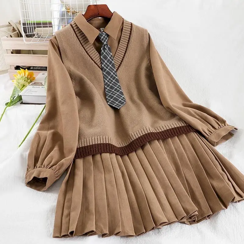 

2021 Preppy Three-piece Suit Female Girl Pleated Skirt Twill Sanding Dress Vest Sweater Fashion Spring Autumn Student Clothes