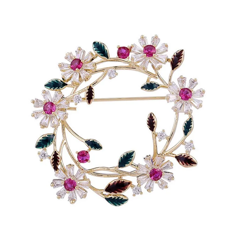 

Fashion Classic Enamel Flower Wreath Saree Brooches For Women High Quality Luxury Sparkling Zirconia Broches Pins Jewelry