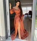 Атласные оранжевые вечерние платья с длинным рукавом, с разрезом, на молнии сзади, плиссированные халаты, свадебные вечерние платья для женщин