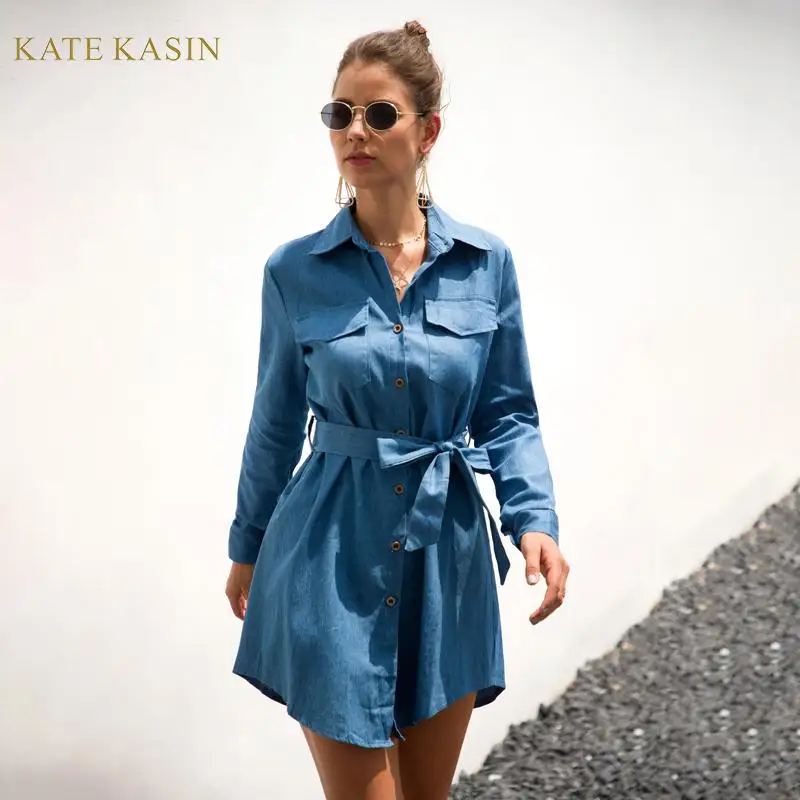 Kate Kasin Женская Повседневная джинсовая рубашка платье короткие синие джинсы