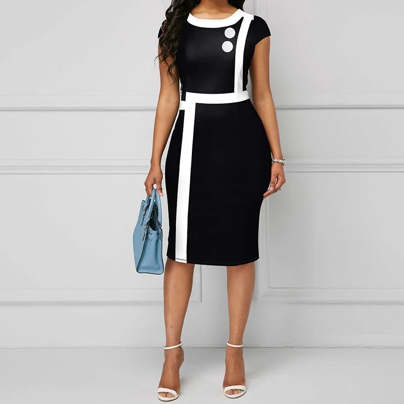 

2021 Short Sleeve Tight-fitting Pencil Sheath Dress Round Neck Button Seam Sexy Black High Waist Temperament Commuter Dress New
