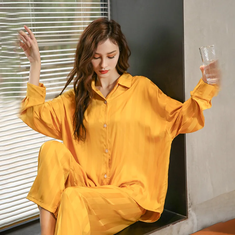 

Women Pajamas Set Ice Silk Solid Sleepwear Plus Size Loose Long Sleeve Long Pants Fashion Womens Home Clothes Nightgown 2pcs Set