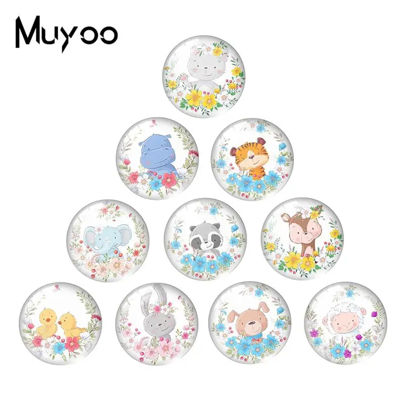 

2019 New Cartoon Animal Art Flowers Glass Dome Cabochon Cat Raccoon Deer Sheep Cabochons Hand Craft Jewelry
