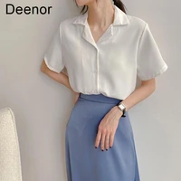 deenor womens blouse summer soild short sleeve shirt chiffon womens simple commuter basic shirts womens top