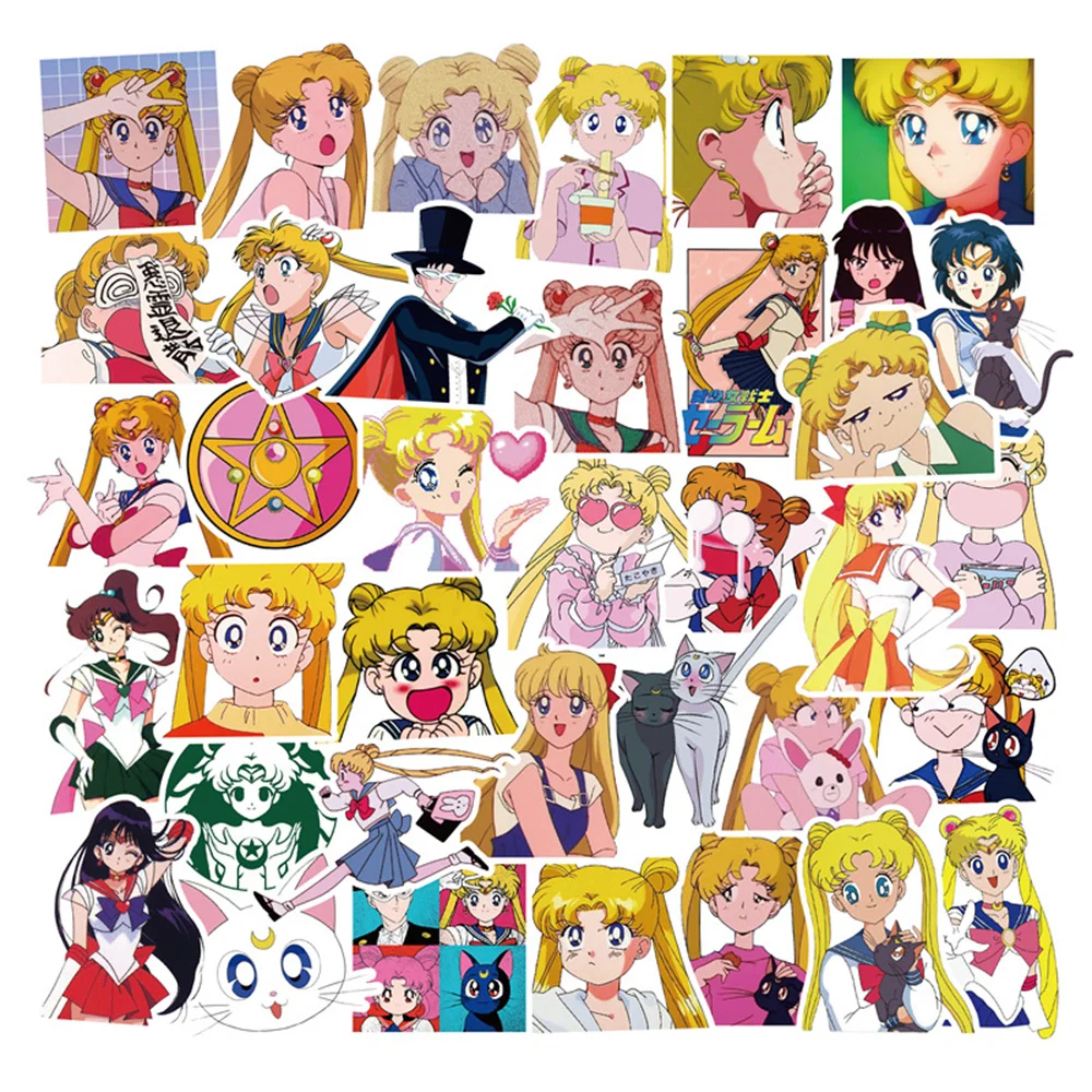 Moon Sailor Moon-garabatos para port&aacute;til, guitarra, motocicleta, equipaje, Skateboard, bicicleta, pegatina impermeable, venta al por mayor, 10/30/50 Uds.-1