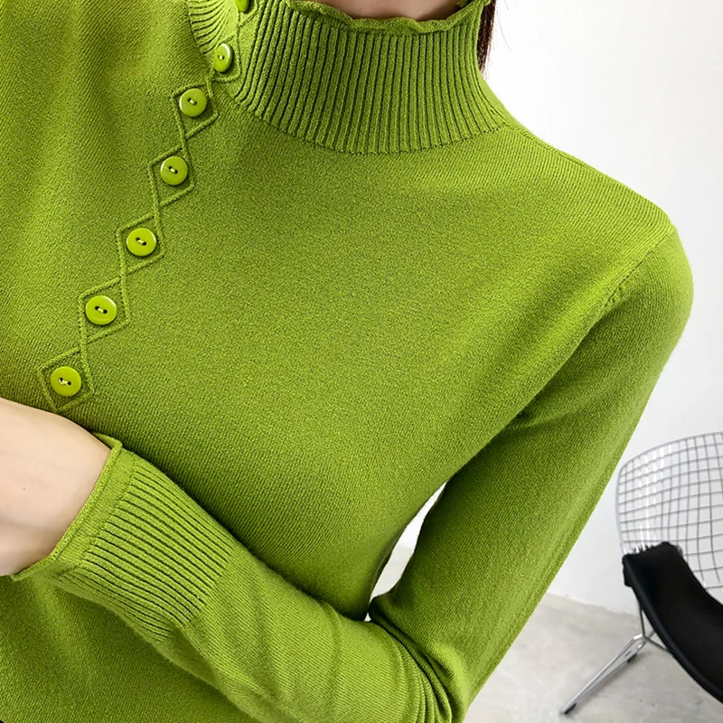 

New Women Autumn Knitted Slim Sweaters Solid Knitted Female Cotton Soft Elastic Color Pullovers Button Full Sleeve Turtleneck