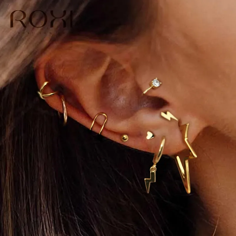 ROXI 925 пробы Серебряная Ушная манжета хряща, клипсы для женщин, геометрические круглые циркониевые серьги с Луной и звездой, ювелирные изделия для ушей