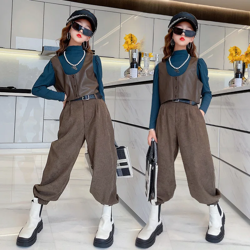 

Брючные костюмы для девочек, осенне-зимняя детская одежда, модный жилет, водолазка, спортивные штаны, комплекты из трех предметов для девоче...