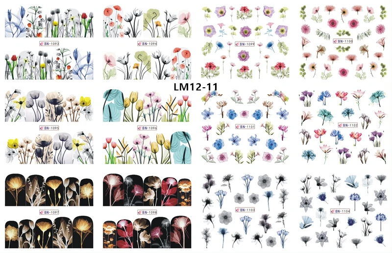 12 Designs Watermark Nail Art Decoration Water Decals Flower Flamingo Bird Rose Sticker Manicure Sliders Adhesive Tip BN913-924