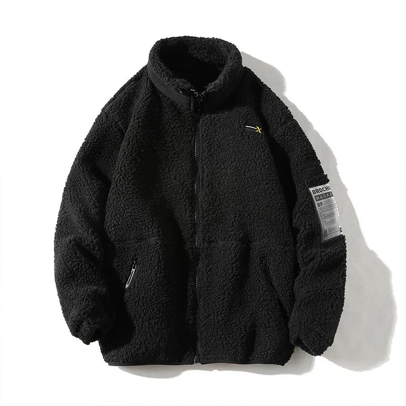 LUCLESAM Men Harajuku Lamb Wool Fleece Winter Coat Mens Stand Collar Polar Fleece Jacket Parkas casacos masculinos